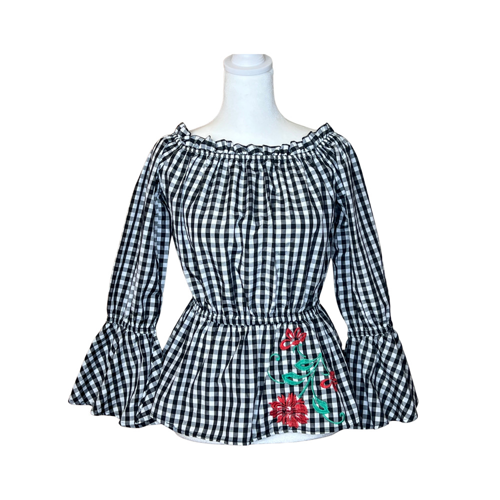 Cottagecore Gingham Floral Top S Embroidered Trumpet Sleeve Whimsical Teacher
